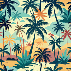 Tropical palm tree pattern with sunset colors and beach background.