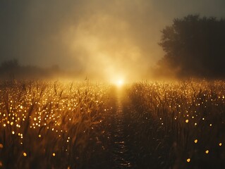 Ethereal morning in a golden wheat field shrouded in mist at sunrise
