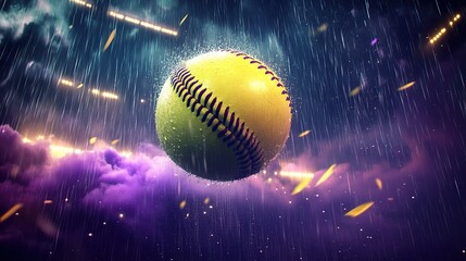 A Shiny Yellow Baseball Suspended in a Dramatic Electric Neon Nebula Scene