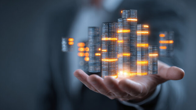 A person holding a holographic data center, symbolizing innovation in technology