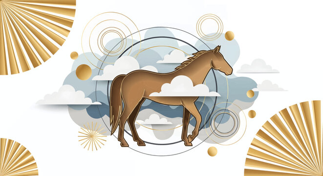 Golden Horse illustration celebrating the Chinese New Year festival with decorative elements for the lunar new year and spring celebrations