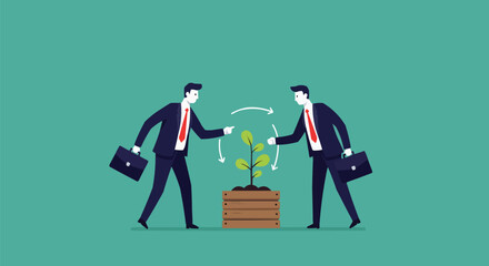 Businessmen exchanging investment ideas and sustainable growth concepts, vector illustration, business strategy planning, financial partnership, teamwork, corporate success