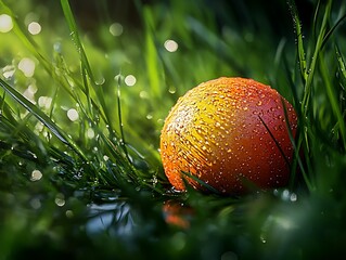Dew-Kissed Sphere: A vibrant spherical object resting among lush green grass