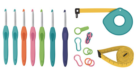 Colorful Crochet Hooks and Measuring Tapes, Sewing and Knitting Tools Set, Isolated Vector Illustration