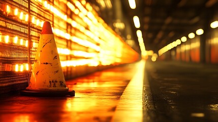 Safety cone casting an orange glow in an industrial setting, creating contrast