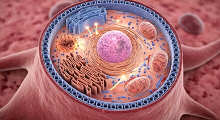 Detailed Cellular Structure View Illustration Rendering Highlighting Organelles and Membrane