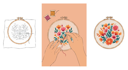 Woman Embroidering Colorful Floral Bouquet on Fabric Hoop, Needle and Thread Illustration, Hand Stitching Art Vector