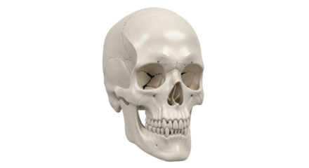 Isolated anatomical human skull model, close-up study, bone structure, medical science concept
