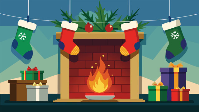 Christmas socks hanging near fireplace realistic vector art.