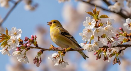 Obraz premium Finch perched on a branch with colorful plumage and delicate features. Small songbird symbolizing joy, nature, and the beauty of wild birds.