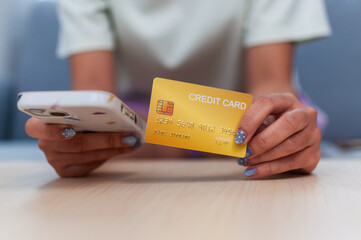 Online shopping payment process home credit card use modern environment close-up view e-commerce