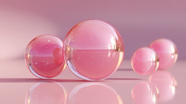 Glossy pink glass spheres on pastel reflective surface with soft lighting and minimal design
