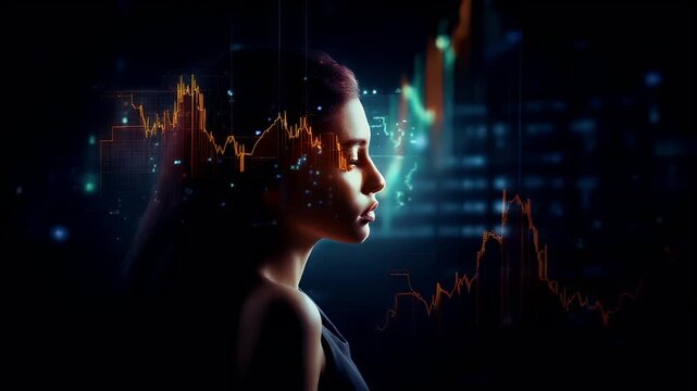 Stock market. Finance investment economy concept. womans profile with digital data visualization overlaying her face, set against a backdrop of a cityscape with skyscrapers and digital lights. - Powered by Adobe