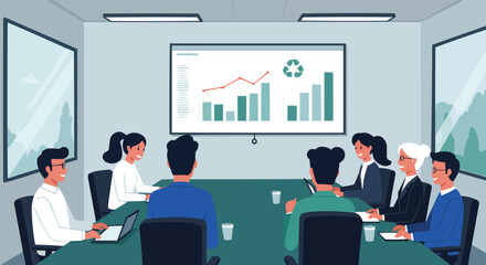 Corporate Board Meeting Discussing Sustainability Strategy, Environmental Presentation with Recycling Chart on Digital Screen