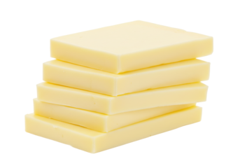 Isolated stacked slices of processed cheese, processed food, sandwich filling, snack food