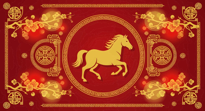 Golden Horse Illustration with Floral Motifs on Red Background for Lunar New Year Celebrations and Chinese Zodiac Symbolism