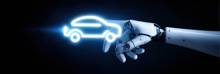 Robot Hand Holds Glowing Car Symbol to Represent Innovation and Repair in the Automotive Industry