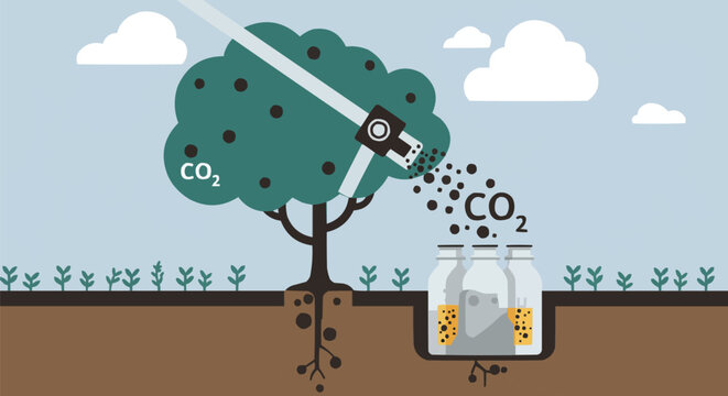Tree absorbing carbon dioxide with industrial carbon capture machine storing CO2 underground, sustainable energy and environmental protection concept vector illustration