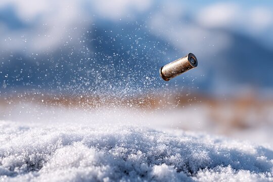 Spent bullet casing ejected and landing on snow in winter landscape