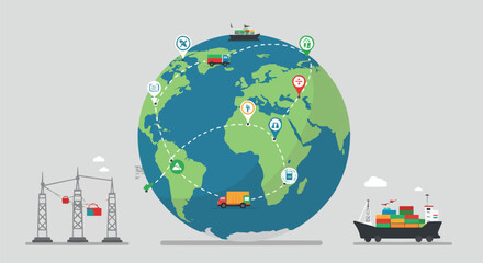 Global Shipping and Logistics Network Vector with Cargo Crane, Container Ship, and World Map Route Tracing