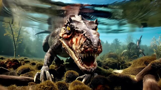 A vivid underwater scene featuring a large, menacing dinosaur with sharp teeth and yellow eyes. The dinosaur is surrounded by a serene underwater environment with a variety of marine life.