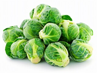 Obraz premium Fresh brussels sprouts piled together on a white background showcasing their vibrant green color and tight leaves