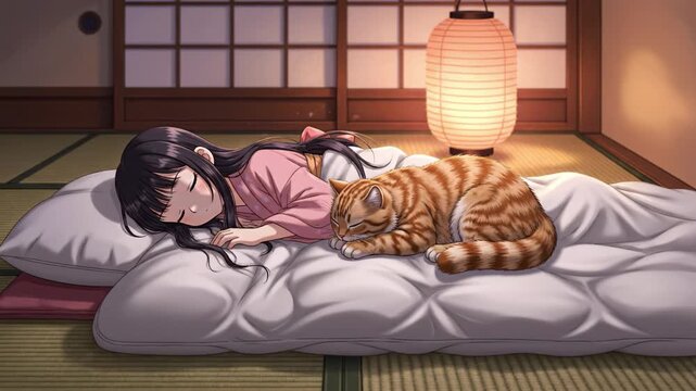 Peaceful scene with girl sleeping on futon beside striped cat curled up in traditional Japanese room softly lit by glowing paper lantern, evoking warmth and calmness in serene atmosphere