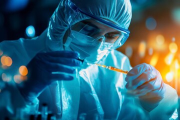 A scientist in protective gear carefully conducts an experiment with precision tools in a laboratory filled with vibrant lighting.