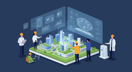 Isometric Smart City Planning Concept, Engineers and Architects Using AR, Sustainable Urban Infrastructure, 3D Digital Urban Design, Future City Technology