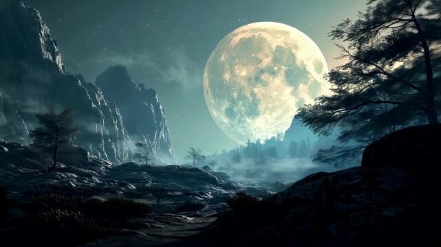 Digital art scifi wallpaper background. A digital artwork depicting a serene, mountainous landscape under a large, luminous moon. The scene is dominated by cool tones.