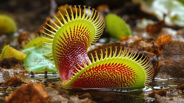 Close up macro shot of a vibrant Venus Flytrap in a swampy habitat