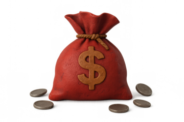 Red money bag tied with rope showing dollar symbol with coins scattered, representing wealth concept on transparent background