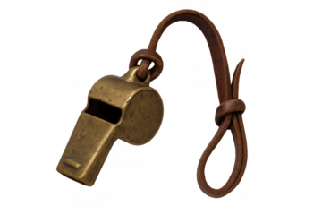 Vintage brass whistle with leather cord representing authority, signal, sports, coaching, and old safety equipment