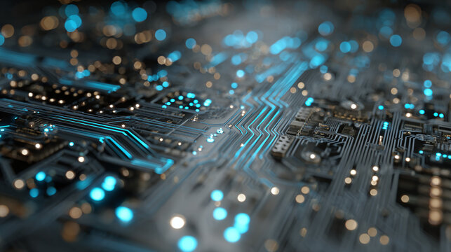 An abstract view of a circuit board illuminated with glowing lights, a concept of technology
