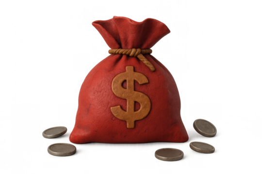 Red money bag tied with rope showing dollar symbol with coins scattered, representing wealth concept on transparent background