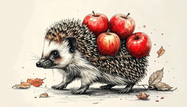 Adorable Hedgehog Carrying Apples on its Back in Autumn.