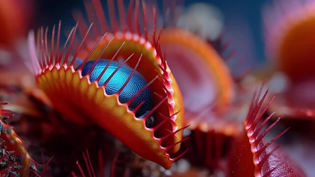 Blue Beetle on a Venus Flytrap Macro Close-Up Carnivorous Plant