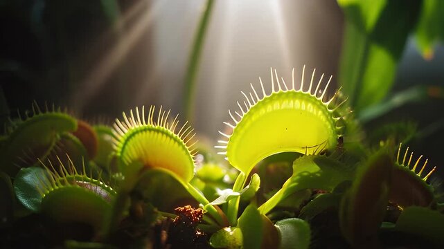 Venus Flytrap Catching Prey Under Dramatic Sunbeams Macro Shot