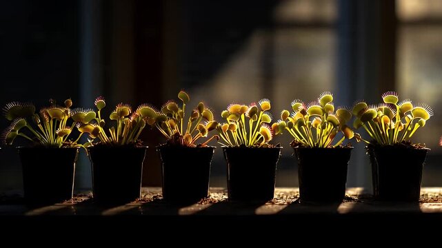 Venus fly trap plants in pots with sunset backlight. 4K Video