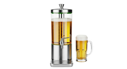 Isolated beer dispenser tower beside a beer mug, drinks in clear glass containers