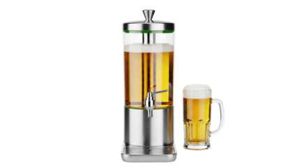Isolated beer dispenser tower beside a beer mug, drinks in clear glass containers