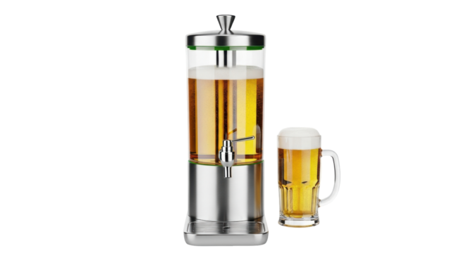 Isolated beer dispenser tower beside a beer mug, drinks in clear glass containers