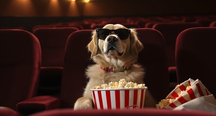 A golden retriever dog wearing sunglasses enjoys a movie in a cinema, complete with a bucket of popcorn, showcasing a humorous and unexpected scene