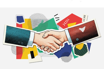 Vector illustration of a professional business handshake representing a successful agreement and partnership on a colorful abstract background