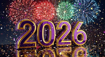 Happy New Year 2026 Fireworks Celebration with Confetti Streamers and Night Sky