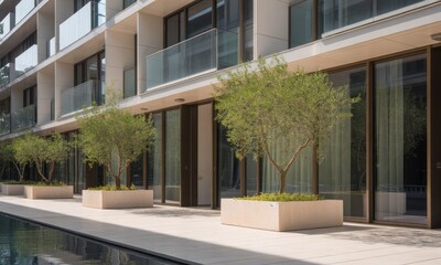 Modern apartment building courtyard with olive trees and pool