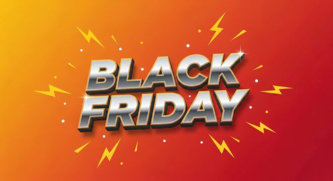 Bold metallic black friday text with lightning bolt accents on a vibrant red and orange gradient background