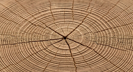 Fototapeta premium Close up of a tree trunk showing the rings and cracks radiating from the center of the wood grain