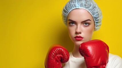 Determined Female Boxer Wearing Red Gloves and Surgical Cap Yellow Studio - Powered by Adobe