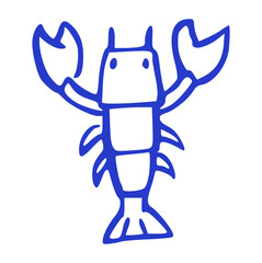 hand-drawn doodle illustration of a cartoon lobster or crawfish with claws. Seafood and marine animal element for a restaurant or beach theme in a simple blue line art style